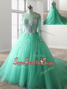See Through Scoop Long Sleeves Beading In Stock Quinceanera Dresses with Brush Train