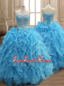 Perfect Aqua Blue Organza Quinceanera Dress with Beading and Ruffles