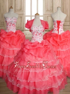 Sweet Beaded and Ruffled Layers Quinceanera Dress in Coral Red