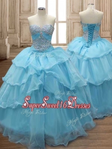 Comfortable Baby Blue Organza Sweet 16 Dress with Beading and Ruffled Layers