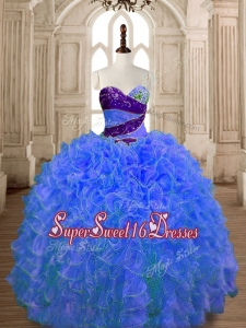 Hot Sale Beaded and Ruffled Organza Quinceanera Dress in Blue