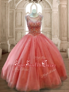 See Through Scoop Beading Quinceanera Dress in Rust Red