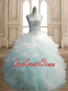 See Through Scoop Light Blue Quinceanera Dress with Beading and Ruffles