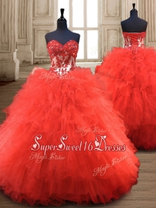 Popular Red Really Puffy Quinceanera Gown with Appliques and Ruffles