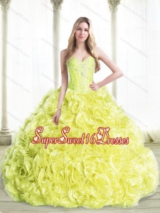 Cheap Beaded Quinceanera Dresses with Rolling Flowers in Yellow for Summer
