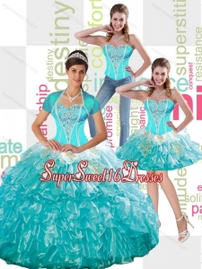 Pretty Beaded Aqua Blue 2015 Quinceanera Dress with Ruffled Layers and Appliques for Fall