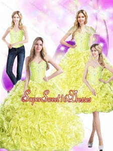 Sweet 16 Ball Gowns 2015 Yellow Quinceanera Dresses with Rolling Flowers and Beading for Summer