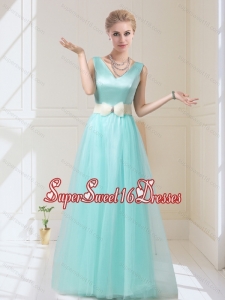 V Neck Floor Length Dama Dresses with Bowknot for 2015