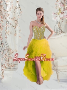 Classical High Low Sweetheart Yellow 2016 Dama Dresses with Beading and Ruffles