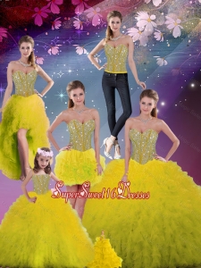 Detachable 2016 Spring Sweetheart Yellow Modest Quinceanera Dresses with Beading and Ruffles