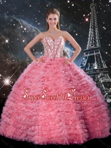 Luxurious 2016 Fall Ball Gown Beaded Rose Pink Quinceanera Dresses with Ruffles