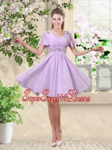 Simple A Line V Neck Beaded Dama Dresses in Lavender