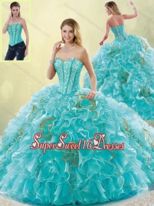Luxurious Brush Train Sweetheart Detachable Quinceanera Dresses in Aqua Blue