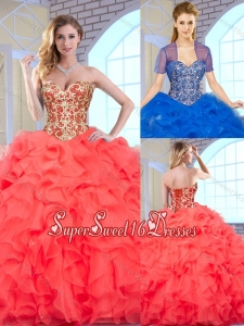 Fashionable Coral Red Sweet Fifteen Dresses with Beading and Ruffles