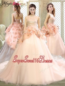 Beautiful Scoop Court Train Sweet Sixteen Dresses with Hand Made Flowers