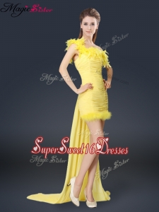 Sweet One Shoulder Watteau Train Dama Dresses in Yellow