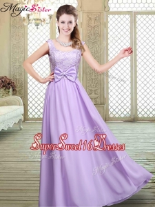 Pretty Scoop Bowknot Lavender Quinceanera Dama Dresses for Fall