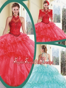 Simple Appliques and Ruffles Sweet Sixteen Dresses with Halter Top