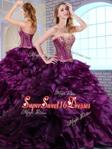 2016 Wonderful Brush Train Dark Purple Simple Sweet Sixteen Dresses with Ruffles and Appliques