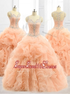 2016 In Stock Straps Beading and Ruffles Quinceanera Dresses in Peach