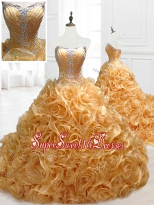 2016 In Stock Sweetheart Rolling Flowers Brush Train Quinceanera Dresses with Beading