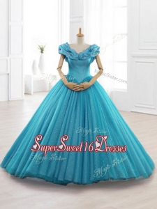 Cap Sleeves Teal In Stock Quinceanera Gowns with Appliques