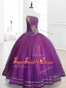 2016 In Stock Strapless Purple Floor Length Quinceanera Gowns with Beading