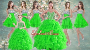 Really Puffy Spring Green Sweet 16 Dress and Sequined Short Dama Dresses and Beaded and Ruffled Mini Quinceanera Dress