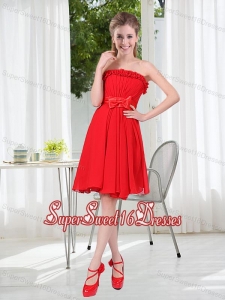 Wonderful Ruching Strapless Bowknot Dama Dress in Red