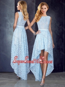 Bateau High Low Light Blue Dama Dresses in Lace for 2016