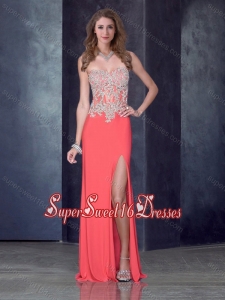 Column Watermelon Red Dama Dresses with High Slit and Appliques for 2016