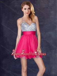 Fashionable Sequined Backless Short Dama Dress in Hot Pink
