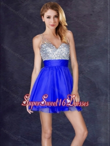 Modern Sequined A Line Short Dama Dress in Royal Blue
