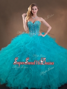 Big Puffy Teal Sweet 16 Gown with Beading and Ruffles