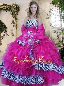 Strapless Zebra and Hot Pink Quinceanera Dresses with Ruffles and Bowknot