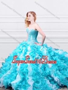 Modern Beadede and Ruffled Quinceanera Gown in Aqua Blue and White