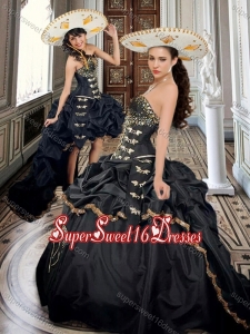 Two For One Taffeta Beaded and Applique Black Sweet 16 Dress with Brush Train
