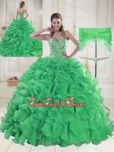 Cheap Sweetheart Brush Train Green Quinceanera Dresses in Sweet 16