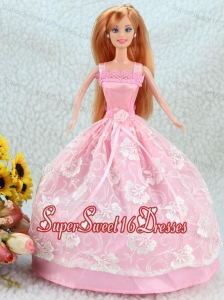 Lovely Baby Pink Ball Gown Straps With Sash and Lace Party Clothes Fashion Dress For Noble Barbie