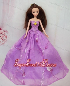 Hand Made Flower Embroidery Lavender Princess Party Clothes Gown For Barbie Doll Dress