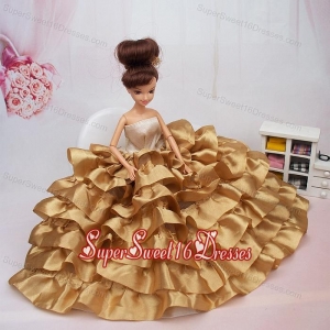 Luxurious Ball Gown Asymmetrical Gold Ruffled Layeres Clothes Party Fashion Dress For Noble Barbie