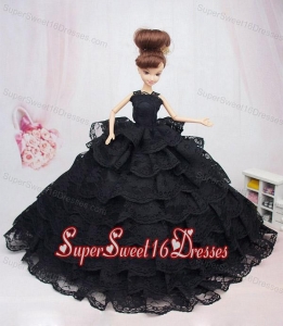 Luxurious Black Lace With Ruffled Layeres Party Dress For Barbie Doll
