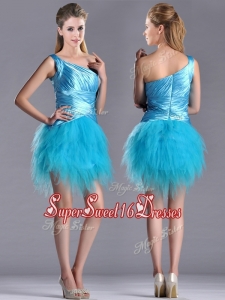 Cheap One Shoulder Ruched and Ruffled Aqua Blue Dama Dress in Tulle
