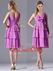 Cheap V Neck Lilac Dama Dress with Handcrafted Flower and Ruching