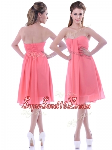 New Style Empire Chiffon Ruched Watermelon Dama Dress in Knee Length