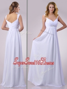 New Style Empire Beaded White Chiffon Dama Dress with Straps