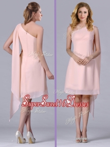 New Style One Shoulder Chiffon Ruching Short Dama Dress in Pink