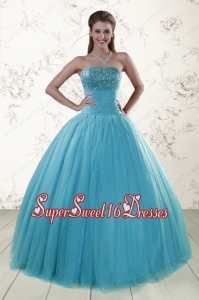 2015 New Style Strapless Baby Blue Quinceanera Dresses with Beading