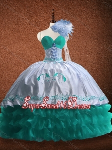 Elegant Embroidered and Patterned Organza and Taffeta Quinceanera Dress in Turquoise and White