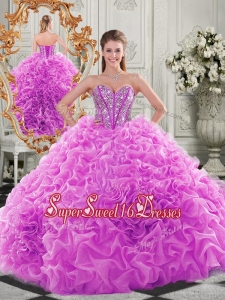 Lovely Puffy Skirt Beaded Bodice and Ruffled Simple Sweet Sixteen Dress in Fuchsia